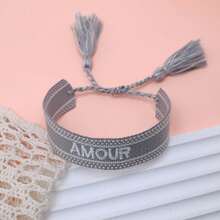 1pc Handmade Embroidered French "AMOUR" Creative Woven Retro Bracelet, Suitable For Couples, Holiday Gift, Blessing Cord - Grey - View 3