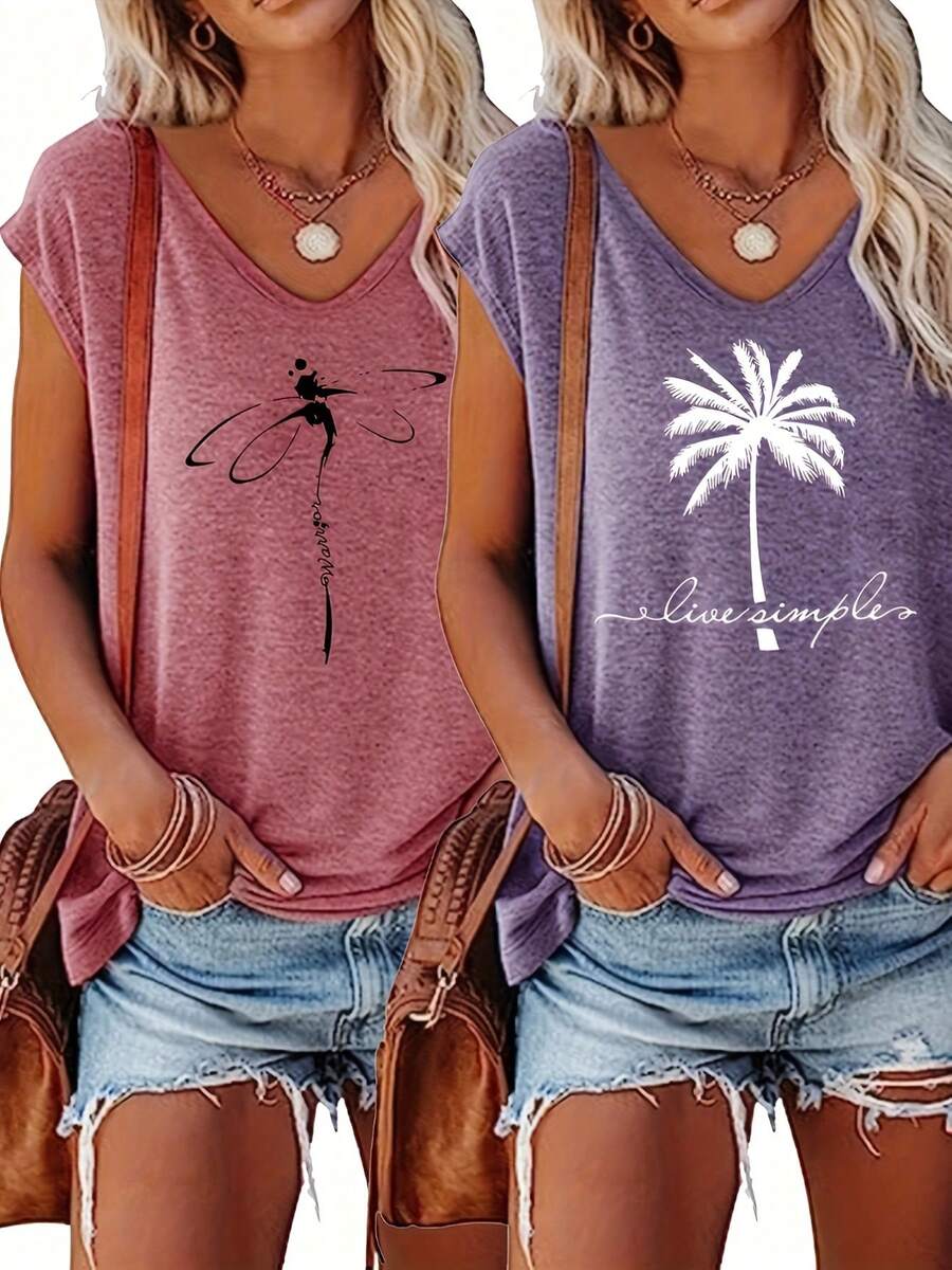 Plus Size - Plus Size - Plus Size Women'S Spring And Summer Dragonfly And Coconut Tree Print V-Neck Tank Top Two-Piece Set - 混合色 - 1 - 查看 1