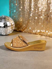 1 Pair Women's Vintage Gold Pearl Rhinestone Slip On Wedge Slides, Comfortable Open Toe Platform Sandals For Daily Wear - الذهبي - مشاهدة 8