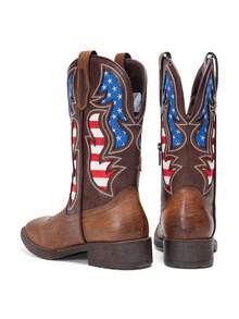 SHOESMALL Men's Brown Cowboy Boots Western Boots Side Zipper American Flag Retro Square Toe Mid-Calf Boots For Men - màu nâu - Xem 9