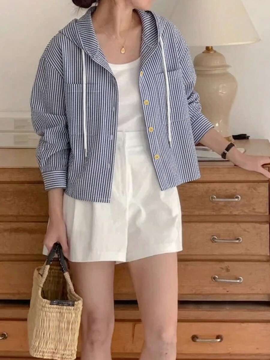 Áo sơ mi dài tay có mũ, dáng rộng, cài cúc đơn, phối màu tương phản, phong cách Hàn Quốc mùa hè, dành cho nữ, thích hợp mặc mùa xuân. - Màu xanh hải quân - Xem 1
