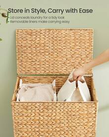 34.3 Gal. Laundry Hamper, 2-Section Handwoven Water Hyacinth Wicker Laundry Basket With Lid, Removable Liners, Natural - Yellow - View 4