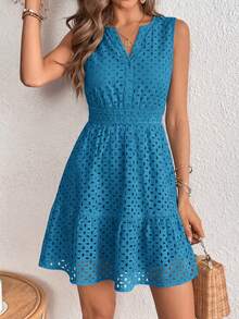 PRETTYGARDEN Women's Summer Dress Sleeveless V Neck Eyelet Cutout Swinging A-Line Flowy City Walks Wedding Guest Graduation Beach Vacation Sun Dress - 湖藍色 - 查看 5