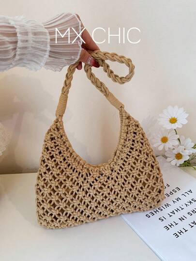 1 chiếc túi đeo vai hình trăng lưỡi liềm đan móc màu trơn dành cho nữ, có khóa kéo, thời trang cho mùa xuân/hè, thích hợp đi làm, mua sắm, du lịch hoặc làm quà tặng.