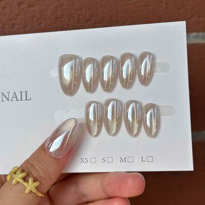 10片装可重复使用全覆盖美甲贴纸 - 简约优雅闪亮电镀珠光猫眼杏仁中长款美甲贴，珠光亮面猫眼效果按压式美甲贴，适合女性，通勤和休闲佩戴，极简优雅设计，美甲贴纸，专业美甲，高品质贴纸，玻璃珠猫眼，可爱经典猫眼夏季美甲，春季美甲，适合女性和女孩日常及派对佩戴，全覆盖假指甲，按压式长款美甲贴，送给女性和女孩的绝佳礼物，干净透明
