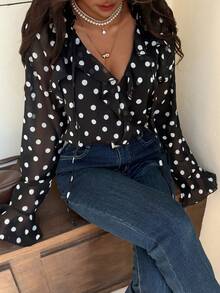 Blusa de mujer EARO con cuello en V con volantes de lunares, de manga larga, ajuste regular, tela sin estiramiento, para vacaciones de primavera, color negro - Negro - Ver 2