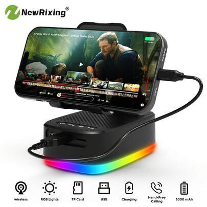  NewRixing 6W Wireless Bluetooth Speaker With Phone Holder, Dual Device Connection, 3000mAh Large Battery Capacity, Power Bank, Supports Bluetooth/TF Card/USB Playback, 7 Hours Playtime, HiFi Sound Quality, Stereo And Bass Shock, USB-C Charging, RGB Lighting, Suitable For Movies/Meetings/Video Calls, Hands-Free For Phones, Modern Audio Accessory, Durable Audio Accessory