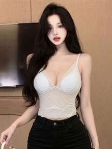 Lace Camisole With Padded Bust, Sexy Cropped Tank Top For Women, Spring/Summer - White - View 4