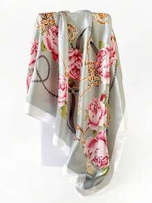 1 chiếc khăn bandana thời trang nữ, khăn quàng cổ bằng satin in họa tiết hoa và hình học, có dây xích, chống nắng. - Nhiều màu - Xem 4