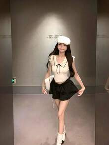 女士夏季柔软针织修身泡泡袖上衣，学院风 - 杏色 - 查看 5