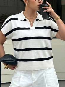 Amore 大码女士夏季条纹针织 Polo 领短袖亚麻休闲宽松透气针织上衣，适合工作、居家、早午餐、办公室和度假穿着，优雅女士衬衫，女士职业装 - 彩色 - 查看 2