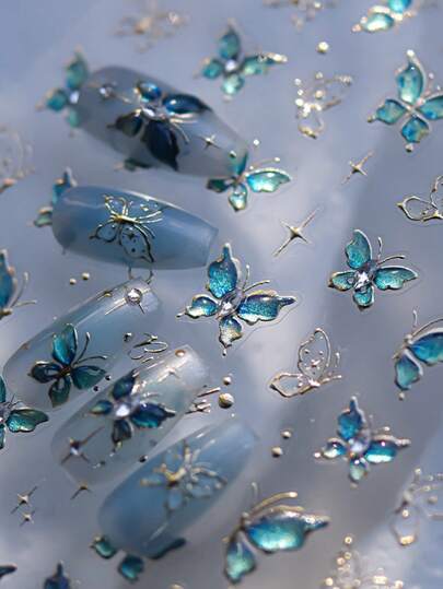 1 pieza de pegatina de uñas con mariposa azul brillante enmarcada en oro y plata - Diseño de diamante de cristal 5D de alta calidad, decoración adhesiva para el arte de uñas