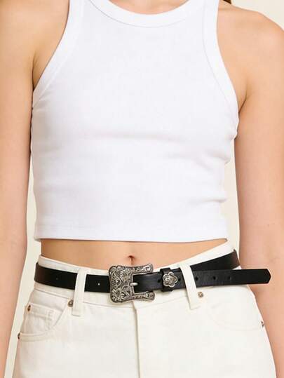 1pc Women's Fashion New Vintage Carved Silver-Color Belt, European And American Casual Skinny Belt, Black Classic Retro Leather Belt