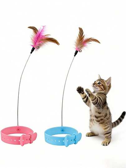 1个羽毛逗猫棒玩具，猫项圈玩具，包含6根替换羽毛，互动式猫玩具，飘动羽毛猫玩具，带铃铛的自动互动玩具，适合室内幼猫和小型宠物玩耍和锻炼