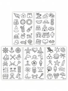 5包 - 清新奇趣的黑白海洋主题临时纹身贴纸，可爱海滩夏日度假系列派对纹身贴纸 - 彩色 - 查看 2