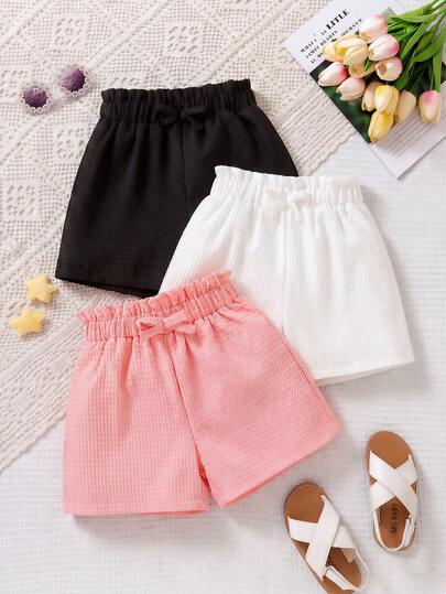 3pcs Girls' Summer Casual Solid Color Textured Shorts With Decorative Drawstring Bow Detail, Minimalist Regular Fit, Candy Colors, Suitable For Outdoor Activities