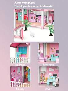 Juego de casa de muñecas con 4/5/7/9/11/14 habitaciones con muebles y accesorios, ensamblaje DIY de castillo de princesa para niños, regalo de cumpleaños para niños de 5/6/7/8/9+ años - Rosa - Ver 4