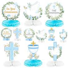 12 pièces Décoration de table en nid d'abeille en papier pour la première communion, centre de table religieux avec croix bleue, convient pour la fête, l'anniversaire, la décoration d'église de mariage et les accessoires photo - Multicolore - Voir 1
