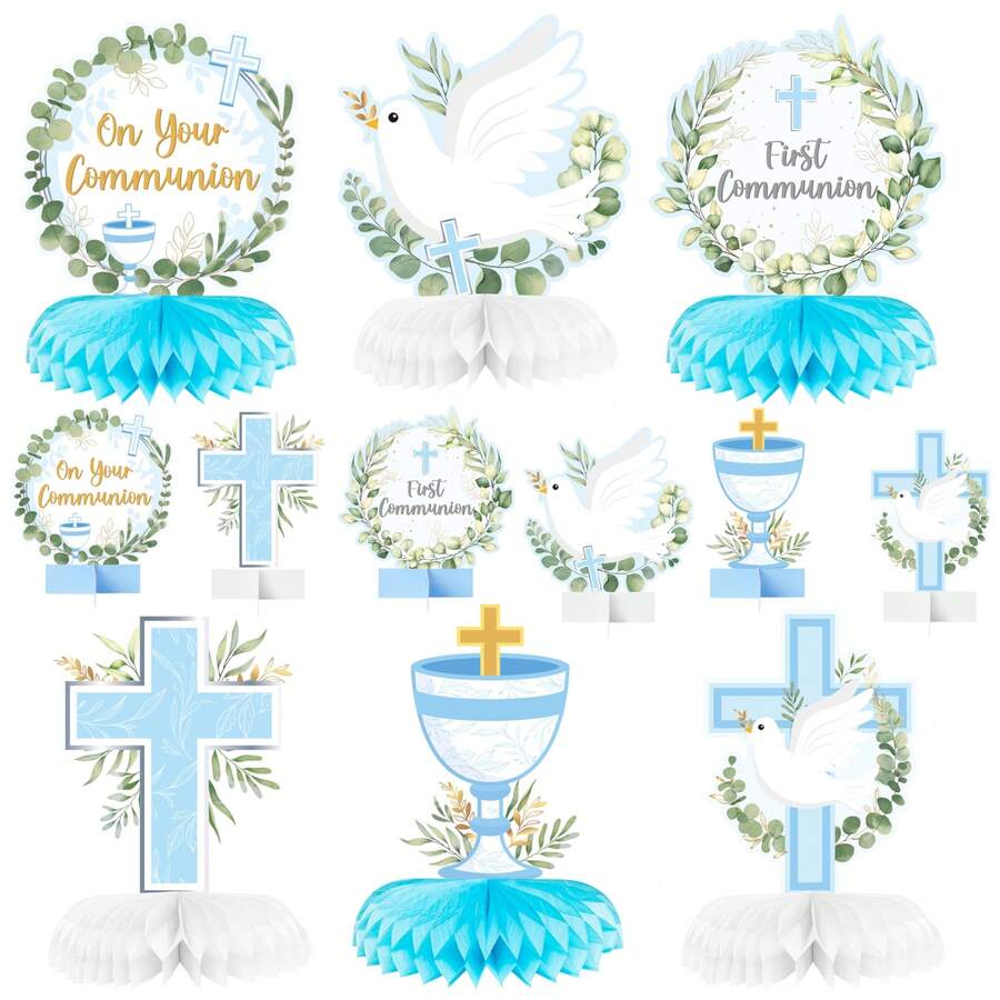 12 pièces Décoration de table en nid d'abeille en papier pour la première communion, centre de table religieux avec croix bleue, convient pour la fête, l'anniversaire, la décoration d'église de mariage et les accessoires photo - Multicolore - Voir 1