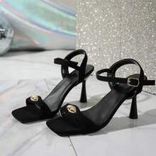 2026新款奢华白色方头金属扣细高跟凉鞋，踝带露趾高跟鞋，优雅鞋履，适合情人节/婚礼季/毕业季礼物 - 黑色 - 查看 5