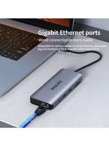 PHILIPS SWR1688B 扩展坞，Type-C 扩展坞，USB 集线器，以太网适配器，HDMI，TF/SD 卡读卡器，多功能 Type-C 转换器，适用于电脑、手机、平板电脑 - 查看 1
