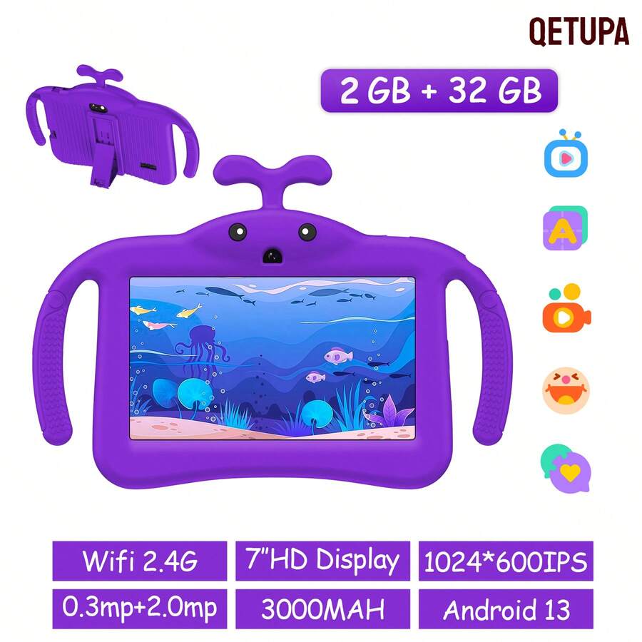 Qetupa 7英寸安卓13儿童平板电脑，2GB运行内存+32GB存储空间，1024*600 IPS触控屏，3000mAh电池，30万像素+200万像素双摄像头，配备防摔保护壳，适合阅读和游戏。轻薄设计，采用强化玻璃，随时随地享受娱乐。可在OneNote等应用中进行书写和绘画。（不含电源适配器）