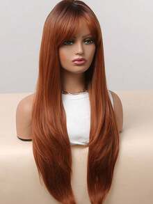 28 Inch 1 Piece Synthetic Heat-Resistant Straight Hair Dirty Orange Bangs Layered Middle Part Synthetic Wigs,Comfortable Natural Bend Women Synthetic Wigs Chemical Fiber Wig Long Straight Wigs Layered Middle Part Wigs Suitable For Summer Daily Parties, Costume Parties, Music Festivals, Holidays, Daily Wear, A Practical Gift For Girls - Dirty Orange - View 6