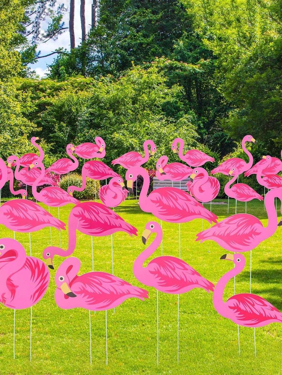 4pcs/Set Summer Pink Flamingo Yard Stakes, 4 Styles Flamingo Lawn Markers Suitable For Indoor/Outdoor Home Decor, Tropical Garden, Patio, Lawn, Party Decoration, Hawaiian Party, Moon Party, Summer Garden, Beach, Tropical Patio, Outdoor Garden Path, Party Favors