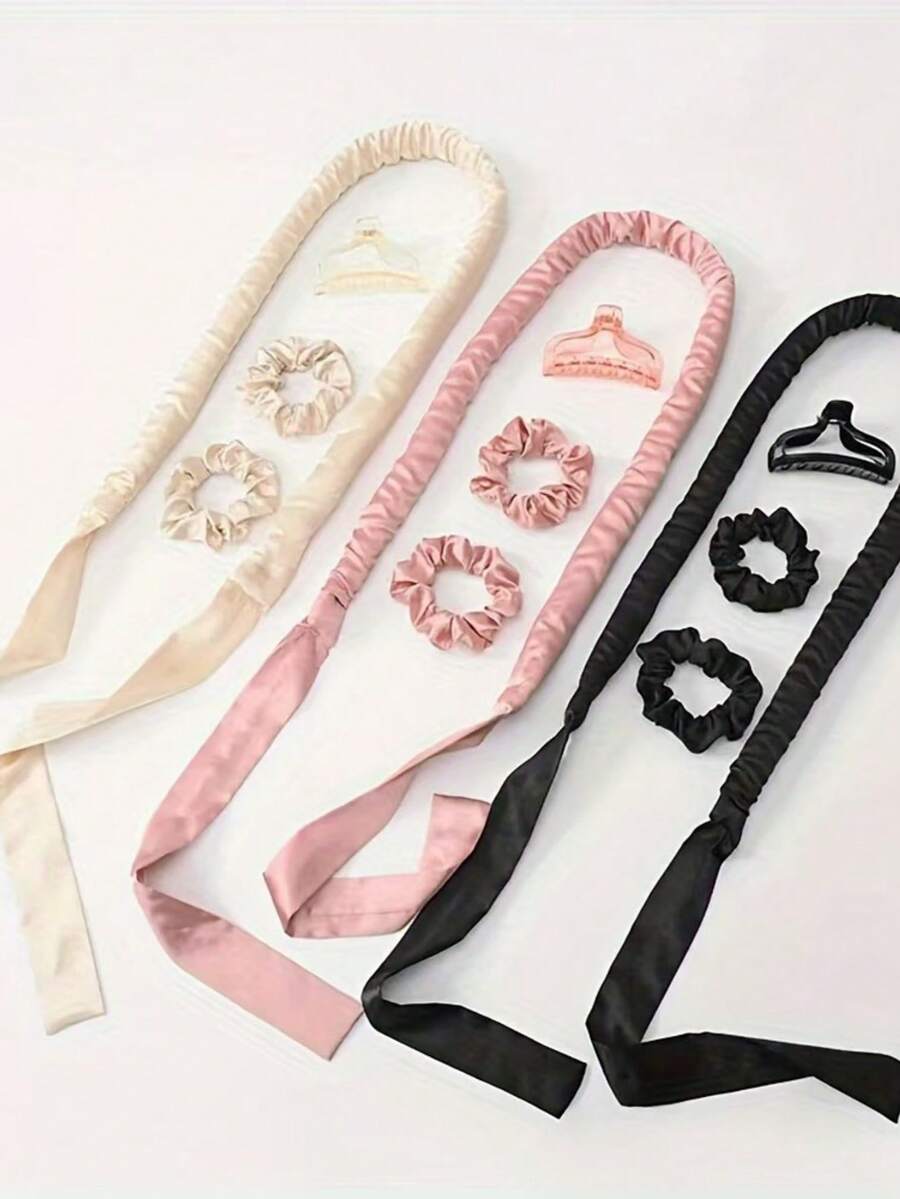 4件套丝绒缎面女士免加热卷发器套装,包含螺旋发圈和塑料发夹,打造完美卷发,夏季、假日、旅行美发造型套装 - 彩色 - 查看 1