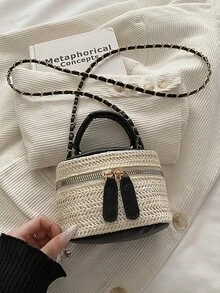轻便迷你手提包、链条包、绗缝刺绣包、托特包、水桶包，适合少女、大学生和职业女性，非常适合办公室、学校、工作、通勤、户外活动、旅行和郊游，也可作草编包、沙滩包，夏季必备。 - 黑色 - 查看 6