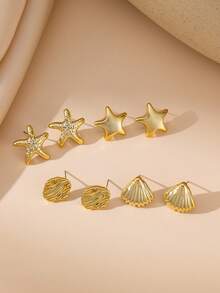 8pcs Starfish & Shell Textured Earrings, Suitable For Daily And Vacation Outfits - Gold - View 3