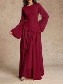 [Spring/Summer Style] Best-Selling New Arrivals Women's Elegant Ruffle Trim Tie-Waist Flare Sleeve Dress, Spring/Summer - 淺黃色 - 查看 6