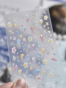 1张5D闪亮海洋系列美甲贴纸，图案包括海星、水母、海豚、泡泡和花朵，自粘式美甲装饰贴纸，DIY美甲贴。 - 彩色 - 查看 7
