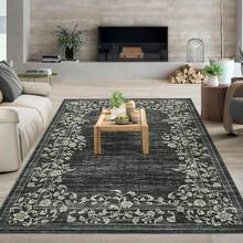 Waschbarer Teppich, moderner Wohnzimmerteppich mit floralem Rand, fleckenabweisender Indoor-Teppich mit rutschfester Rückseite, kurzfloriger Bodenbelag für Schlafzimmer, Büro und Esszimmer - Schwarz - Übersicht 3