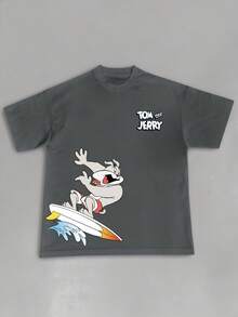 Strevion OBM Men X TOM & JERRY Áo thun nam tay ngắn cổ tròn in hình họa tiết trượt tuyết tối giản hiệu Tom, thích hợp cho mùa hè. - Màu xám đen - Xem 1