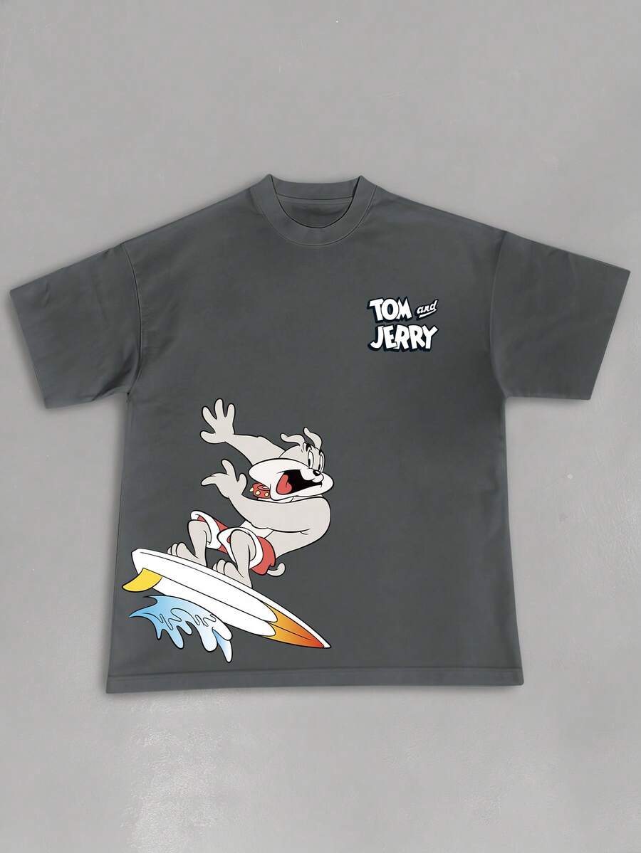 Strevion OBM Men X TOM & JERRY Áo thun nam tay ngắn cổ tròn in hình họa tiết trượt tuyết tối giản hiệu Tom, thích hợp cho mùa hè. - Màu xám đen - Xem 1