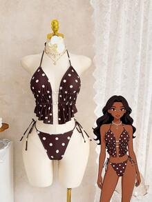Bộ bikini 2 mảnh màu nâu chấm bi kiểu retro, xẻ tà, dành cho nữ, quần bơi buộc dây bên hông, hoàn hảo cho tiệc bể bơi và kỳ nghỉ hè trên bãi biển. - Nhiều màu - Xem 2