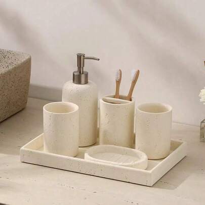 1 Set de accesorios de baño de resina blanca, incluye plato de jabón ovalado, soporte cilíndrico para cepillo de dientes, soporte triple para cepillo de dientes y soporte cilíndrico para cabezal de ducha. Almacenamiento moderno y minimalista para encimera de baño, juego decorativo para tocador de baño, resistente al agua y duradero, regalo ideal de inauguración de casa para entusiastas de la decoración de baño.