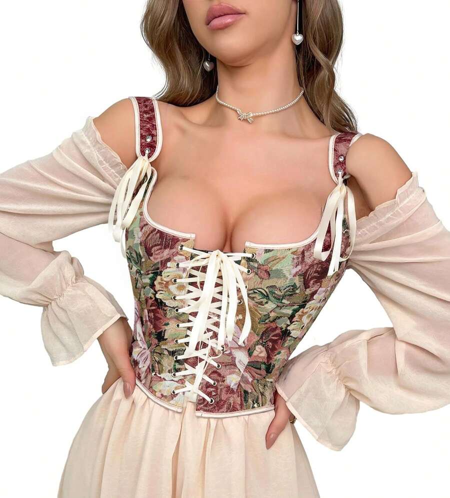 Women's Vintage Floral Corset Top Renaissance Camisole Gothic Overbust Bustier Shapewear - Brown - View 1