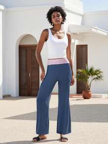 Womens Fold Over Yoga Pants Low Waist Contrast Color Wide Leg Flare Pants Sweatpants Fall Clothes - Blue - View 3