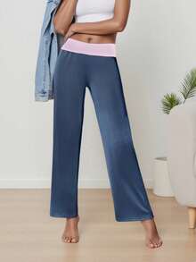 Womens Fold Over Yoga Pants Low Waist Contrast Color Wide Leg Flare Pants Sweatpants Fall Clothes - Blue - View 4