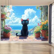 1 Stück 3D Optik Topfpflanze & schwarze Katze beobachtet den Meereshintergrund Dekoration, geeignet für Wohnzimmer, Schlafzimmer, Büro, Party, ein perfektes kreatives Geschenk - 7 - Übersicht 3