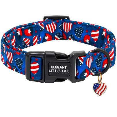 Elegant Little Tail Independence Dog Collar With Pendant Blue Heart American Flag Pattern Quick-Release Plastic Buckle Pet Collars Adjustable Pet Collar For Small Medium Large Dogs