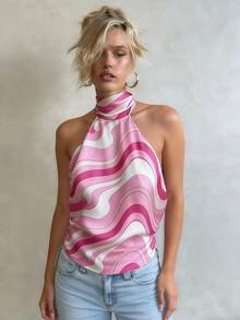 Women's Pink Swirl /Flower Print Satin Halter Top, Backless Tie Up Sexy Crop Top For Club - 粉色 - 查看 6