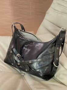 Women's Korean Niche Design Motorcycle Bag, Retro Versatile Fashion Commuter Shoulder Bag For Daily/Work Use - Black - View 5