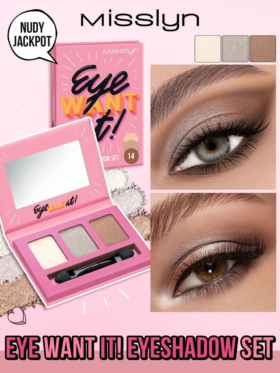 Misslyn 1件 EYE Want It 3色眼影套組，附鏡子與刷具，啞光珠光亮片高顯色，質地柔軟易暈染，Y2K派對海灘旅行妝容，新年禮物，情人節禮物