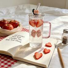 Cốc thủy tinh có ống hút và nơ hồng dễ thương | Cốc cà phê đá tái sử dụng, phù hợp cho nữ/thanh thiếu niên | Bình nước Kawaii phong cách Y2K cho nhà/bàn làm việc/trường học/ký túc xá - Nhiều màu - Xem 1