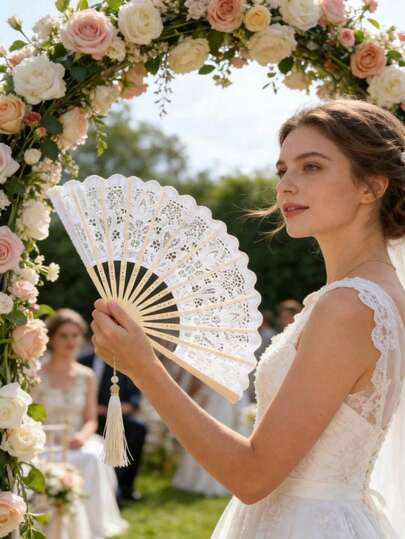 1pc Vintage Lace Embroidered Folding Fan, Summer Beach Fan, Women's Fan, Wedding Fan, Spanish Fan, Bamboo Bone Construction, Elegant White Design, Suitable For Holiday Gifts Or Home Decor, Delicate Lace Embroidery Decor On Fan Edge, Mother's Day Gift, Bedroom Decor, Garden, Kitchen Decor, Summer, Beach, Essential Travel Item, Room Decor, Soft, Graduation