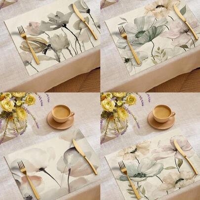 1pc/4pcs/6pcs/60pcs Linen Placemats With Floral & Plant Prints, Suitable For Dining Table, All Season Decor, Modern Washable Table Mats, Room Decor, Coasters, Kitchen Dining, Party, Home Decor, Ideal Gift