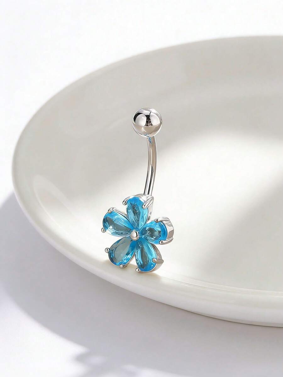 1pc Cute Water Drop Flower Belly Button Ring, Suitable For Beach, Party, Holiday Themed Outfits And Personal Style - Silver Ocean Blue - View 1